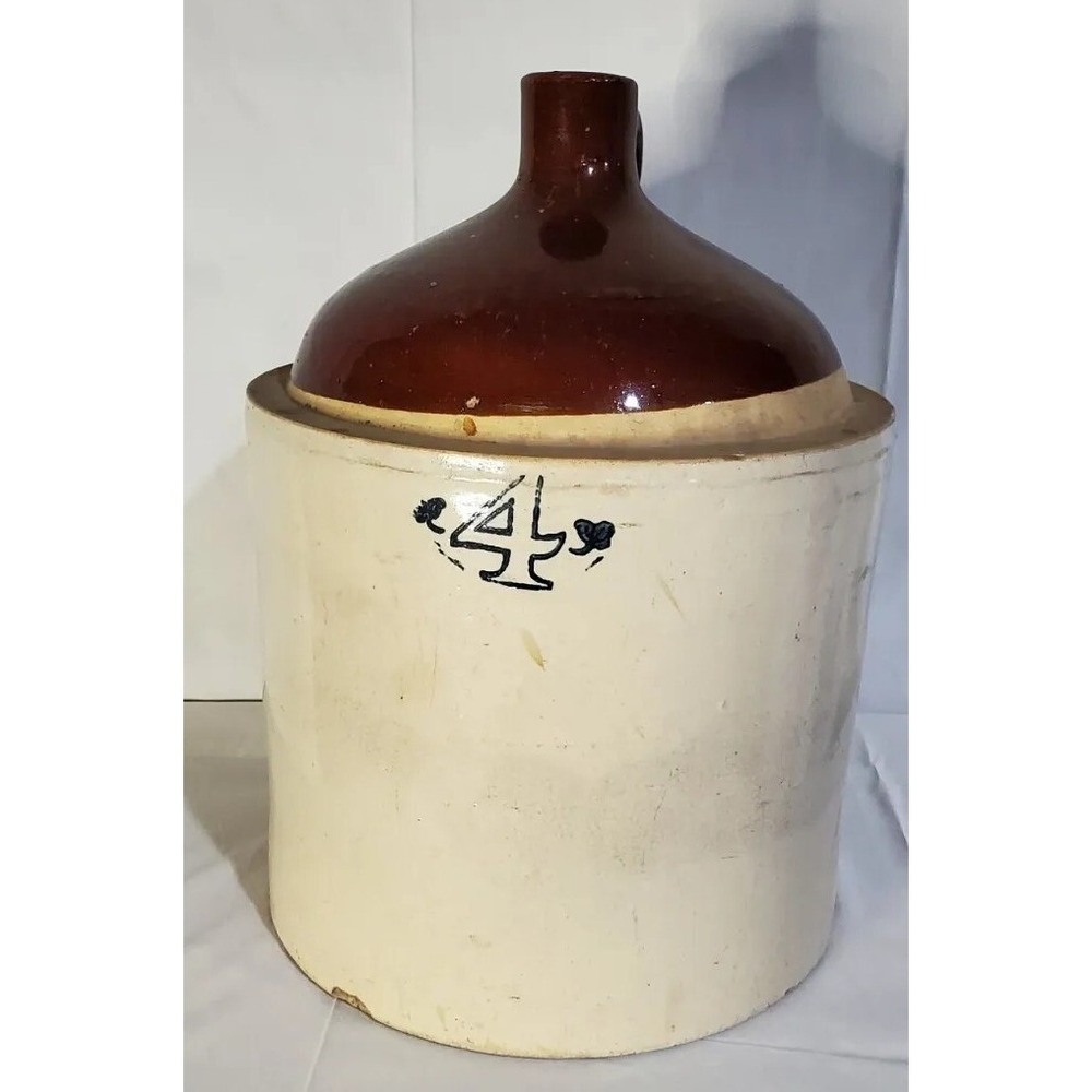 Antique 4 Gallon Brown‎ Top Stoneware Liquor Pottery Crock Jug